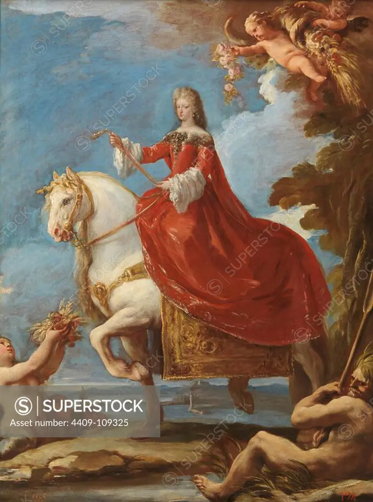 Luca Giordano / 'Maria Anna of Neuburg, Queen of Spain, on horseback', 1693-1694, Italian School, Oil on canvas, 81,2 cm x 61,4 cm, P00198. Museum: MUSEO DEL PRADO, MADRID, SPAIN. MARIANA DE NEOBURGO.