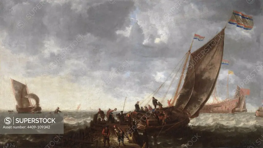 Bonaventura Peeters / 'Embarcando en una playa', 1635-1640, Flemish School, Canvas, 58 cm x 102 cm, P06284. Museum: MUSEO DEL PRADO, MADRID, SPAIN.