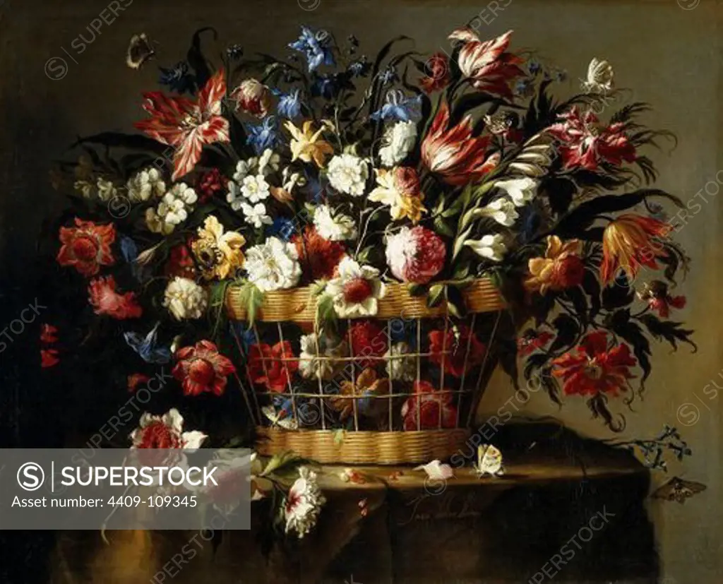 Juan de Arellano / 'Basket of Flowers', ca.  1670, Spanish School, Oil on canvas, 84,9 cm x 105,1 cm, P03139. Artwork also known as: CESTA DE FLORES.