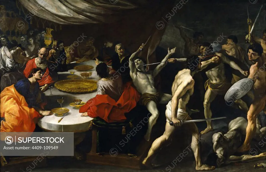 Giovanni di Stefano Lanfranco / 'Gladiators Fighting at a Banquet', ca. 1638, Italian School, Oil on canvas, 232 cm x 355 cm, P03091. Museum: MUSEO DEL PRADO, MADRID, SPAIN.