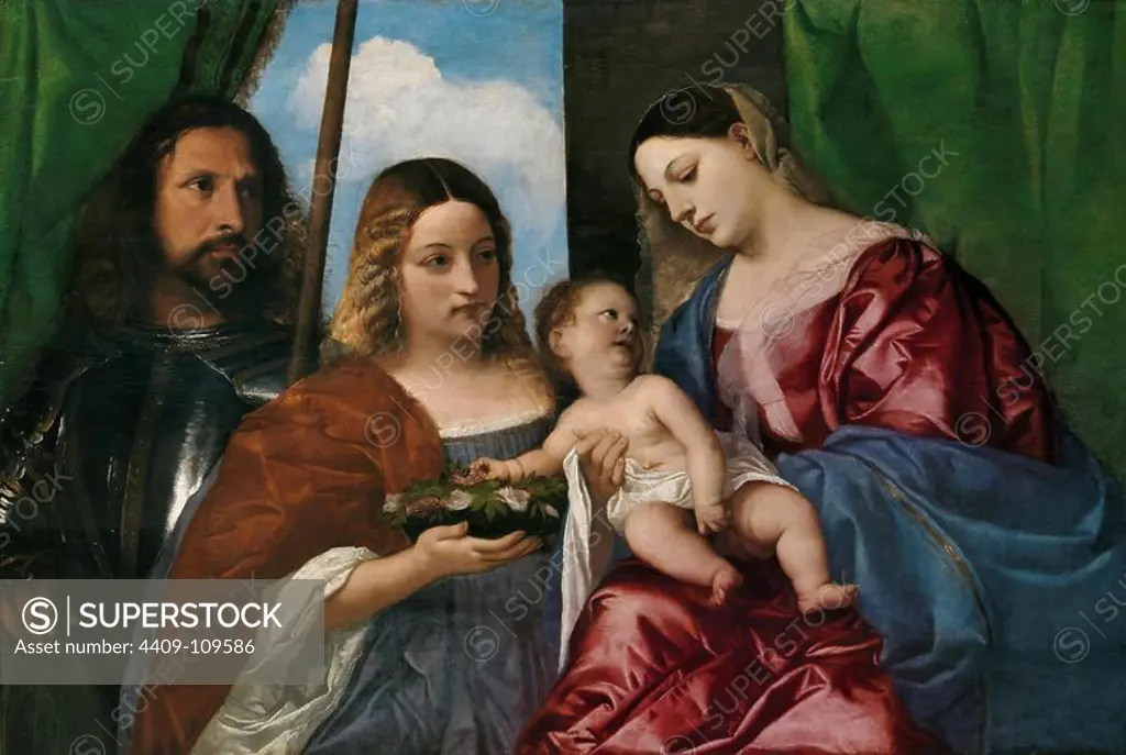 Vecellio di Gregorio Tiziano / 'The Virgin and Child with Saints Dorothy and George', ca. 1518, Italian School, Oil on panel, 86 cm x 130 cm, P00434. Museum: MUSEO DEL PRADO, MADRID, SPAIN.