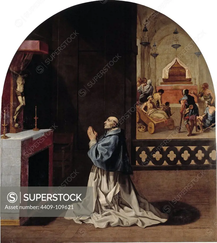 Vicente Carducho / 'El padre Bernardo rezando en la cartuja de Portes', 1632, Spanish School, Canvas, 336,5 cm x 298 cm, P05455. Museum: MUSEO DEL PRADO, MADRID, SPAIN.
