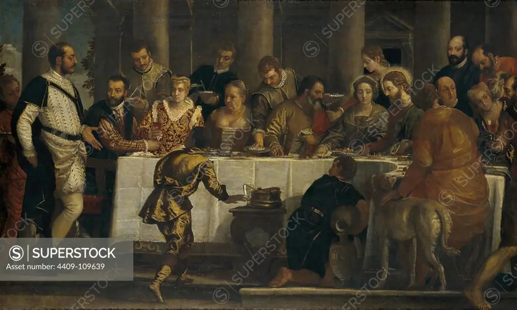 Paolo Veronese (Workshop of) / 'The Wedding at Cana', ca. 1562, Italian School, Oil on canvas, 127 cm x 209 cm, P00494. Museum: MUSEO DEL PRADO, MADRID, SPAIN.