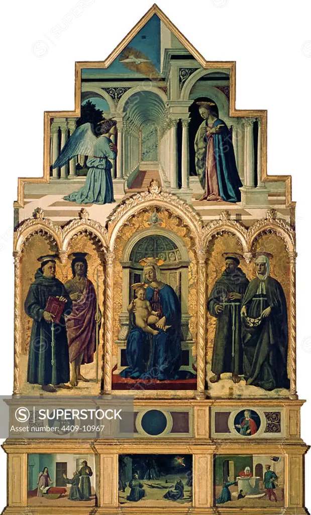 St. Anthony's altarpiece. In the middle: Madonna and Child, St. Anthony and St. John the Baptist (on the l.), St. Francis and Ste. Elisabeth (on the r.). Above: The Annunciation. On the predella: St. Anthony of Padoua resuscitating a child (on the l.), St Francis Receiving the Stigmata. (in the middle), Ste Elizabeth saving a child fallen into a well (on the l.). 1460. Author: PIERO DELLA FRANCESCA. Location: GALERIA NACIONAL DE UMBRIA. PERUSA. ITALIA.