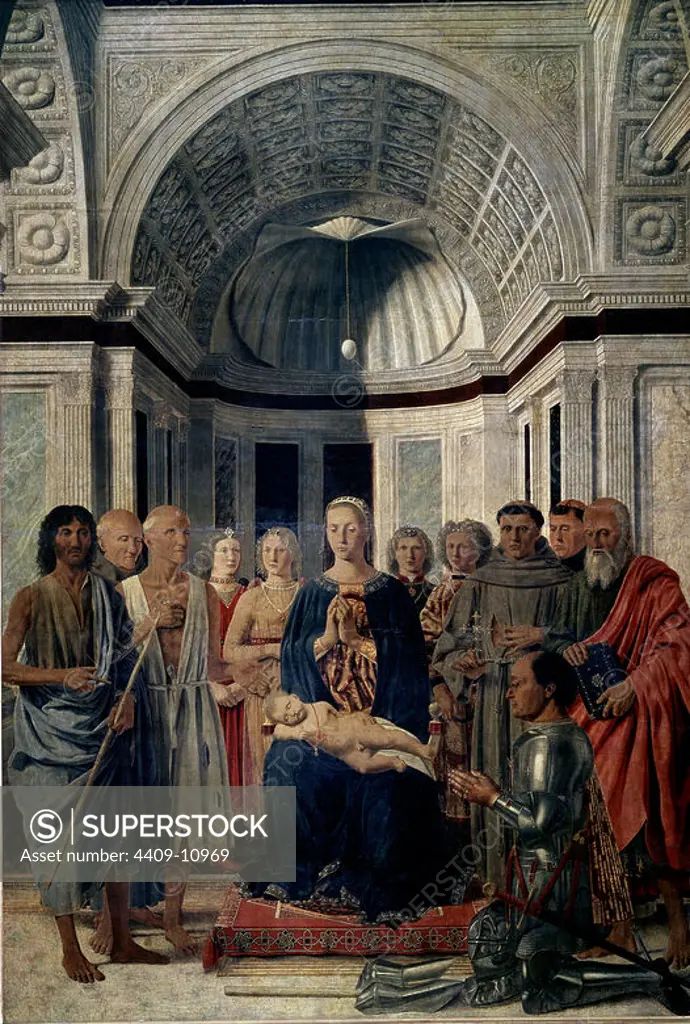 The Brera Altarpiece - ca. 1472-74 - 248x170 cm - tempera on panel. Author: PIERO DELLA FRANCESCA (1420/92). Location: PINACOTECA DI BRERA. Milan. ITALIA. CHILD JESUS. VIRGIN MARY. MONTEFELTRO FEDERICO DE. FEDERICO DE MONTEFELTRO. DUQUE DE URBINO.