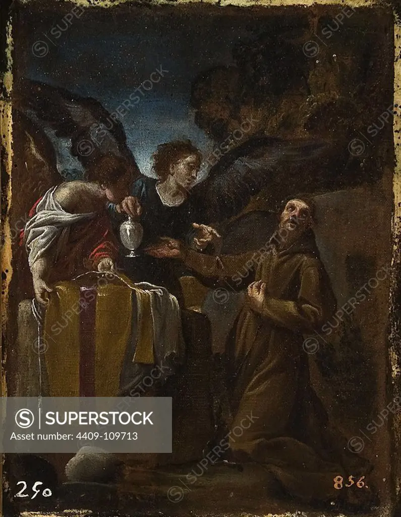 Ludovico Carracci (Attribution) / 'Saint Francis and Two Angels', Late 16th century - Early 17th century, Italian School, Canvas, 24 cm x 19 cm, P00538. Museum: MUSEO DEL PRADO, MADRID, SPAIN.