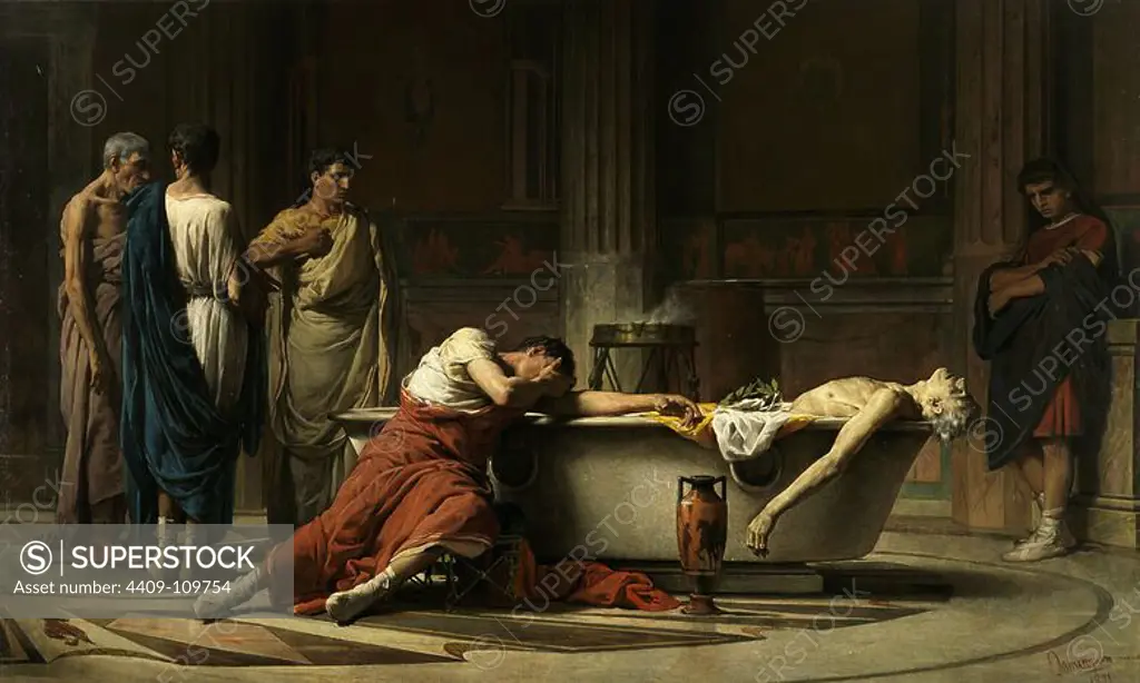 Manuel Domínguez Sánchez / 'After cutting his veins, Seneca gets into the Bathtub while his sorrowful friends swear their hate', 1871, Spanish School, Oil on canvas, 270 cm x 450 cm, P04688. Museum: MUSEO DEL PRADO, MADRID, SPAIN.
