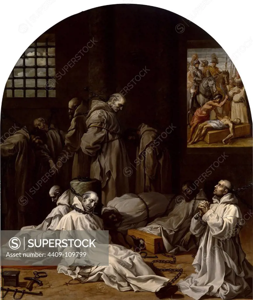 Vicente Carducho / 'Prisión y muerte de los diez miembros de la cartuja de Londres', 1632, Spanish School, Canvas, 337 cm x 297,5 cm, P05460. Museum: MUSEO DEL PRADO, MADRID, SPAIN.