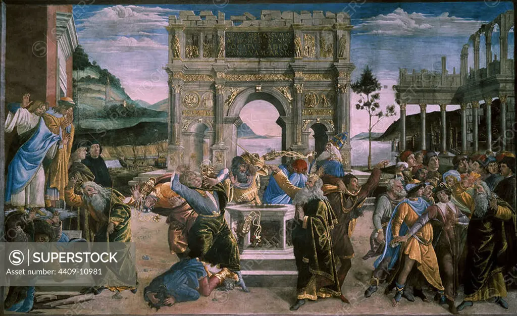 The Punishment of Korah, Dathan and Abiram - 1481 - 348,5x570 cm - fresco - Italian Renaissance. Author: SANDRO BOTTICELLI. Location: MUSEOS VATICANOS-CAPILLA SIXTINA. VATICANO. MOSES. AARON SUMO SACERDOTE. MOISES HERMANO. Harun. CORE. ABIRON. DATHAN / DATAN.