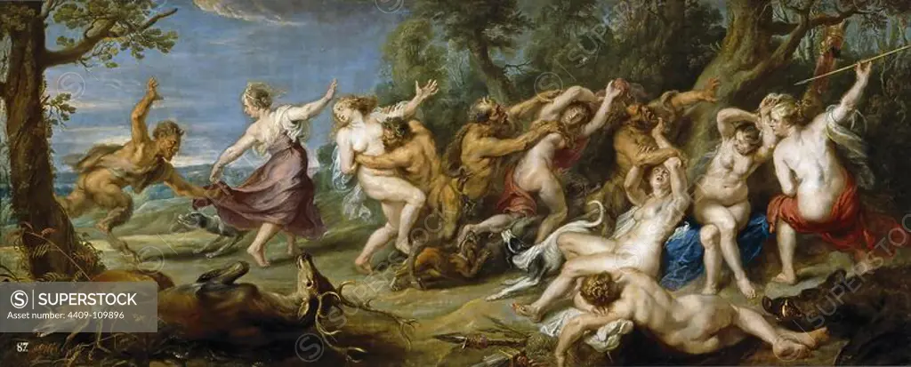 Pedro Pablo Rubens / 'Diana and her Nymphs surprised by Satyrs', 1639-1640, Flemish School, Oil on canvas, 129,5 cm x 315,2 cm, P01665. Museum: MUSEO DEL PRADO, MADRID, SPAIN. Author: PETER PAUL RUBENS.