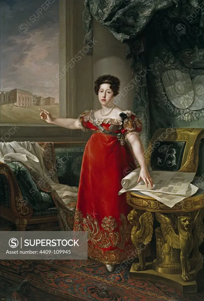 Bernardo López Piquer / 'María Isabel de Braganza, reina de España, como fundadora del Museo del Prado', 1829, Spanish School, Oil on canvas, 258 cm x 174 cm, P00863. Museum: MUSEO DEL PRADO, MADRID, SPAIN.