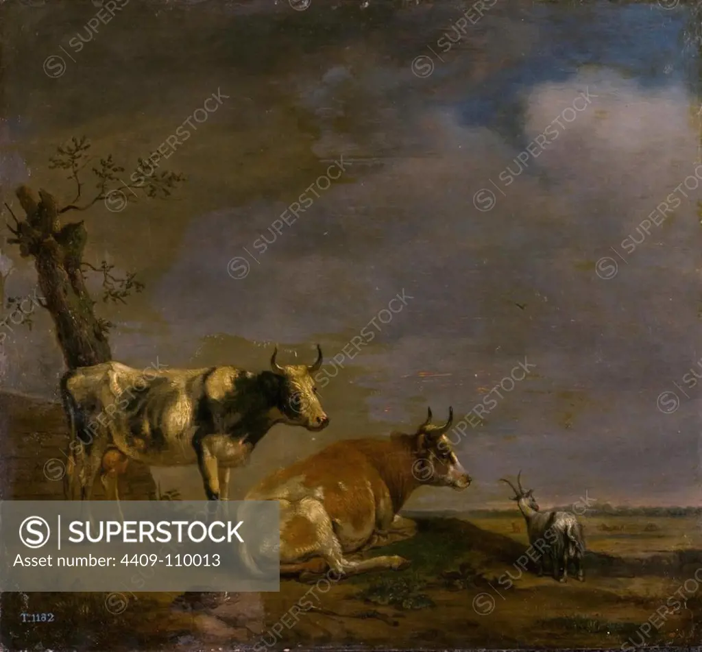 Paulus Potter / 'Landscape with Two Cows and a Goat', 1652, Dutch School, Oil on panel, 30 cm x 35 cm, P02131. Museum: MUSEO DEL PRADO, MADRID, SPAIN.
