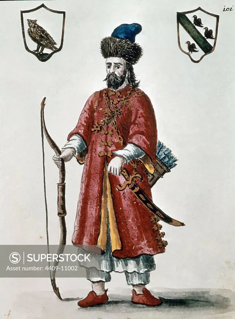 Portrait of Marco Polo (1254-1324), Venetian explorer and trader, dressed as a Tartar.. 18th century. Engraving. Venice, Correr museum. Location: MUSEO CORRER. Venedig. ITALIA.