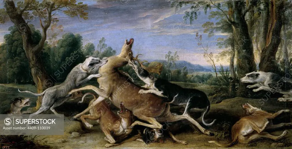 Frans Snyders / 'Deer Hunting', Flemish School, Oil on canvas, 58 cm x 112 cm, P01772. Museum: MUSEO DEL PRADO, MADRID, SPAIN.