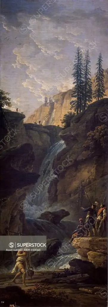 Claude Joseph Vernet / 'Landscape with a Waterfall', 1782, French School, Oil on canvas, 155 cm x 56 cm, P02347. Museum: MUSEO DEL PRADO, MADRID, SPAIN.