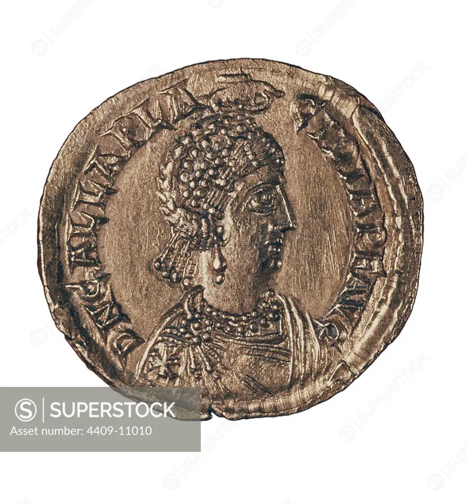 Coin with head of Aelia Galla Placidia (390-450), Roman empress and daughter of Theodosius I.. Rome, national museum. Location: MUSEO NACIONAL ROMANO / PALACIO MASSIMO. Rome. ITALIA.