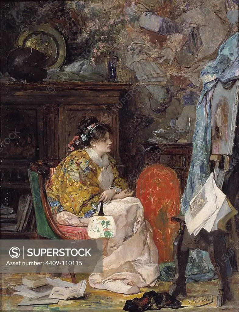 Vicente Palmaroli y González / 'Modelo en el estudio del pintor', 1880, Spanish School, Oil on panel, 29 cm x 22 cm, P04533. Museum: MUSEO DEL PRADO, MADRID, SPAIN.