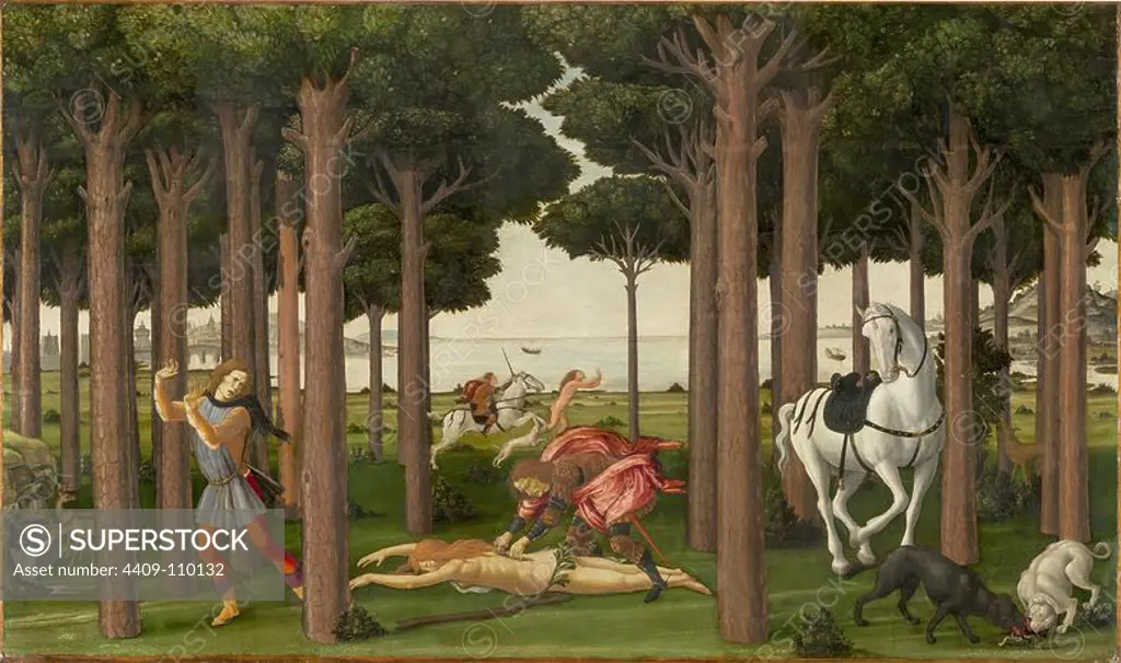 Sandro Botticelli / 'The Story of Nastagio degli Onesti (II)', ca. 1483, Italian School, Panel, 82 cm x 138 cm, P02839. Museum: MUSEO DEL PRADO, MADRID, SPAIN.