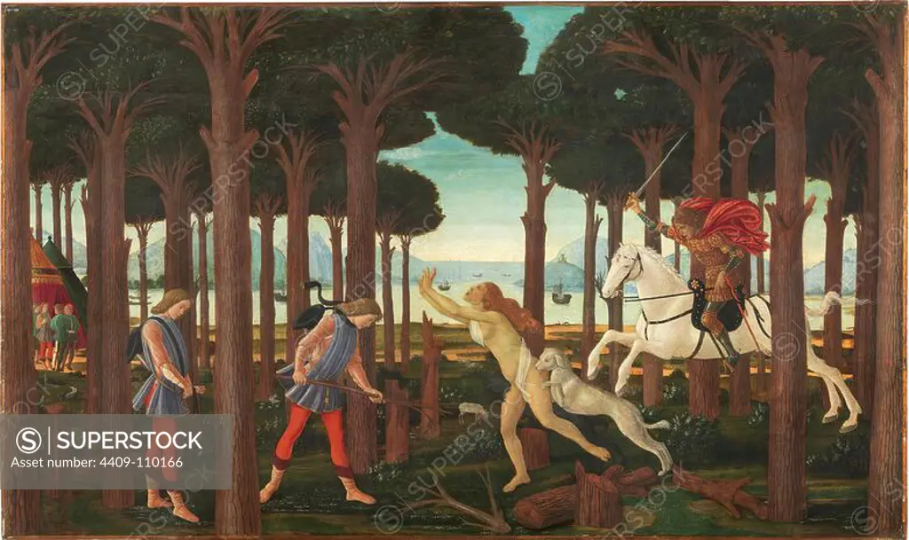Sandro Botticelli / 'The Story of Nastagio degli Onesti (I)', ca. 1483, Italian School, Panel, 83 cm x 138 cm, P02838. Museum: MUSEO DEL PRADO, MADRID, SPAIN.