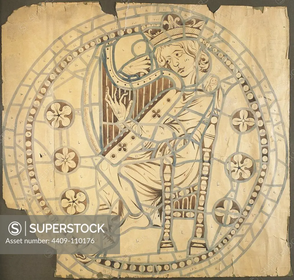 King David. Drawing for the rose window of the Cathedral of Leon. 14th century. Paper, gouache. Leon Cathedral Chapter. Castile and Leon. Spain.