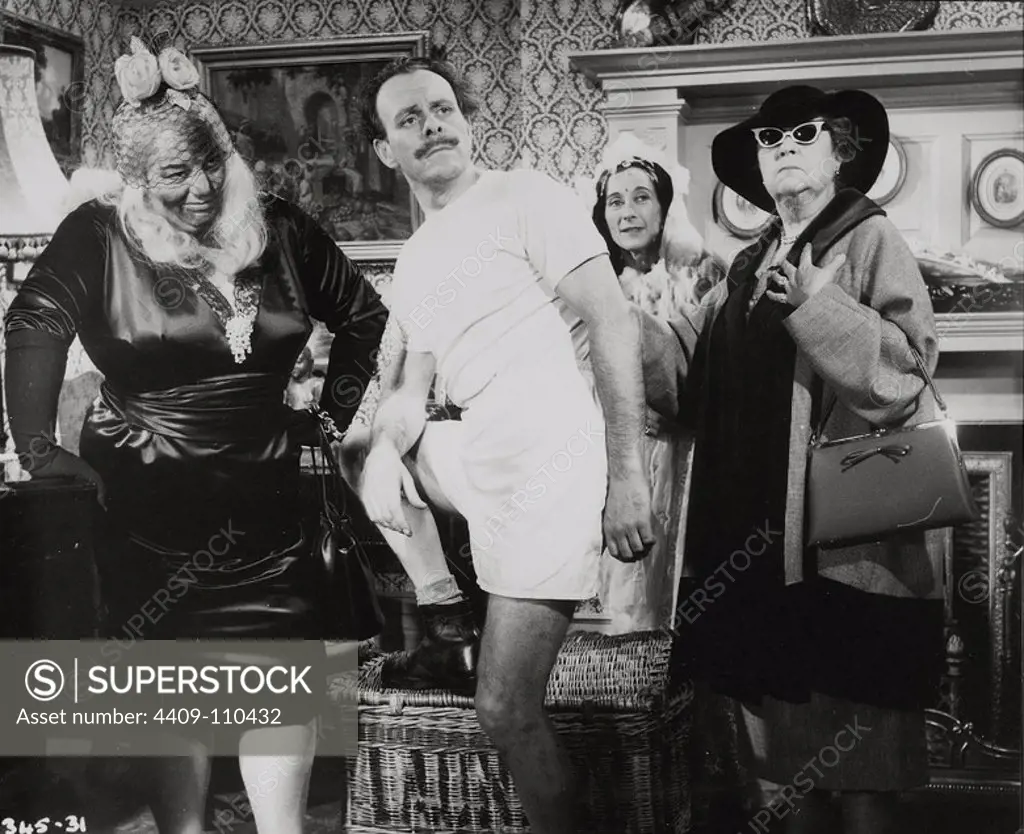 ATHENE SEYLER, TERRY-THOMAS, ELSPETH DUXBURY and HATTIE JACQUES in MAKE MINE MINK (1960), directed by ROBERT ASHER.