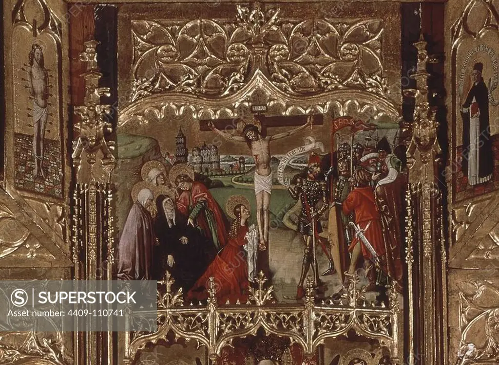 Altarpiece of Saint Ursula and the Eleven Thousand Virgins (detail), 1468, Tempera, oil and gold on wood. Author: JOAN REIXACH (1411-1484). Location: MUSEU NACIONAL D'ART CATALUNYA. Barcelona. SPAIN. MARY MAGDALENE. VIRGIN MARY. CRISTO CRUCIFICADO. SAN JUAN EVANGELISTA Y APOSTOL.