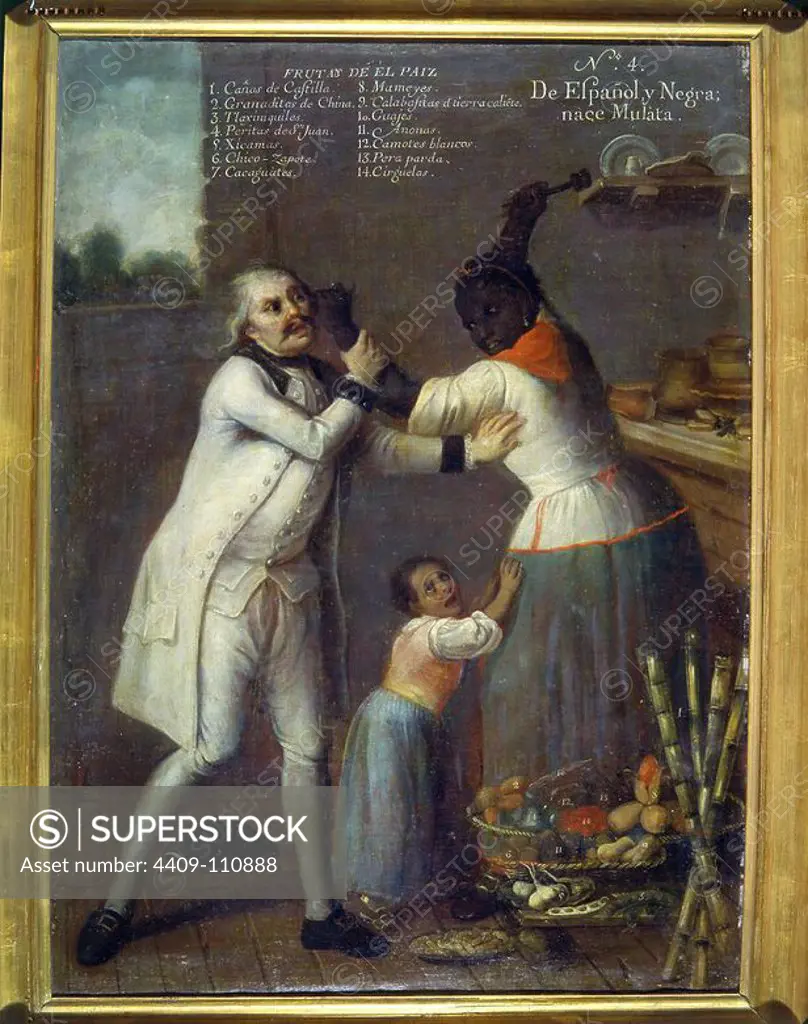 'Castas. De español y negra, mulata', 1774, Oil on canvas, 75 x 54 cm. Author: ANDRES DE ISLAS. Location: MUSEO DE AMERICA-COLECCION. MADRID. SPAIN.