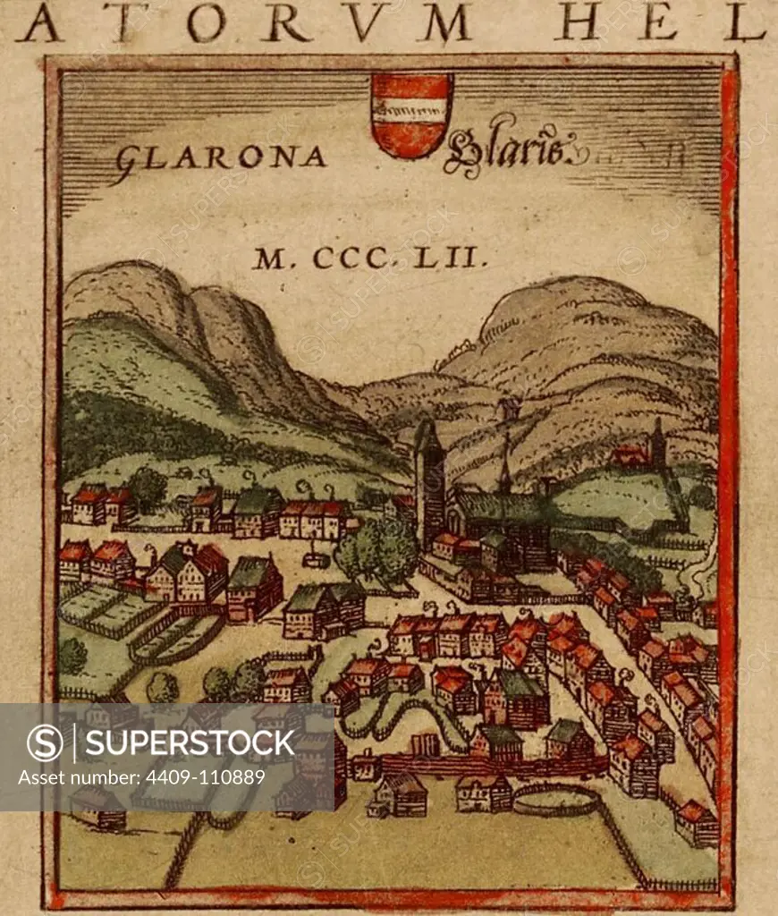 CIVITATES ORBIS TERRARUM - GLARUS (SUIZA) - GRABADO - 1572. Author: GEORG BRAUN 1541-1622 / FRANS HOGENBERG. Location: PRIVATE COLLECTION.