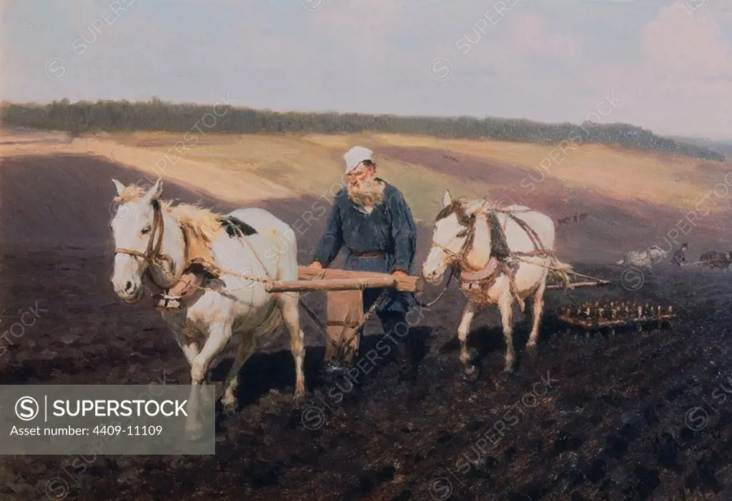 The writer Lev Nikolaevich Tolstoy ploughing with horses - 1889 - oil on canvas. Author: REPIN ILYA. Location: GALERIA TRETYAKOV. MOSKAU. RUSSIA. LEON TOLSTOI.