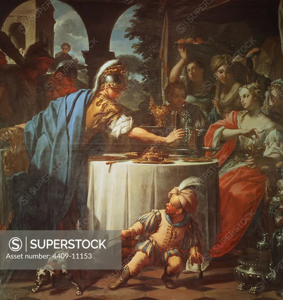 The Banquet of Mark Anthony and Cleopatra - 1717 - 65x63 cm - oil on canvas. Author: FRANCESCO TREVISANI. Location: GALERIA SPADA. ITALIA. Cleopatra. MARCO ANTONIO.