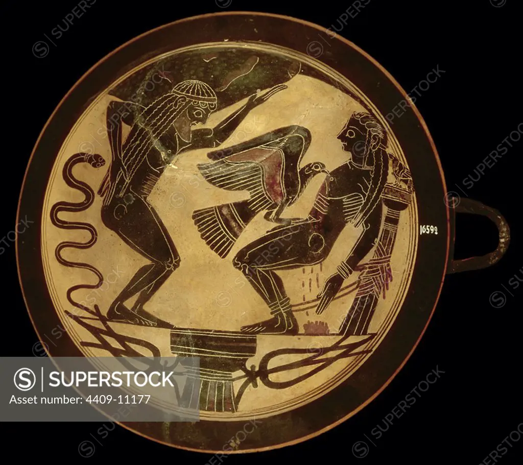 Greek school. Zeus punishes Prometheus who stole the fire from him to give it to mortals. Kylix with light background. Vatican, museum. Author: ARCESILAS / ARQUESILAS. Location: MUSEOS VATICANOS-MUSEO GREGORIANO ETRUSCO. VATICANO. PROMETHEUS. Atlas.