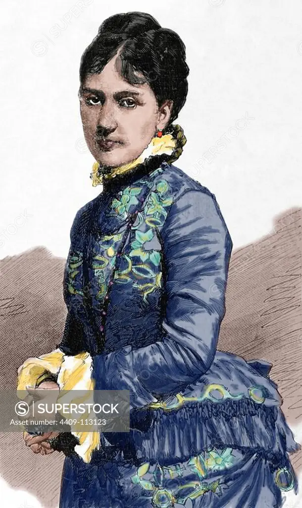 Baroness Kaula. Engraving by Capuz. The Spanish and American Illustration, 1880. Colored.