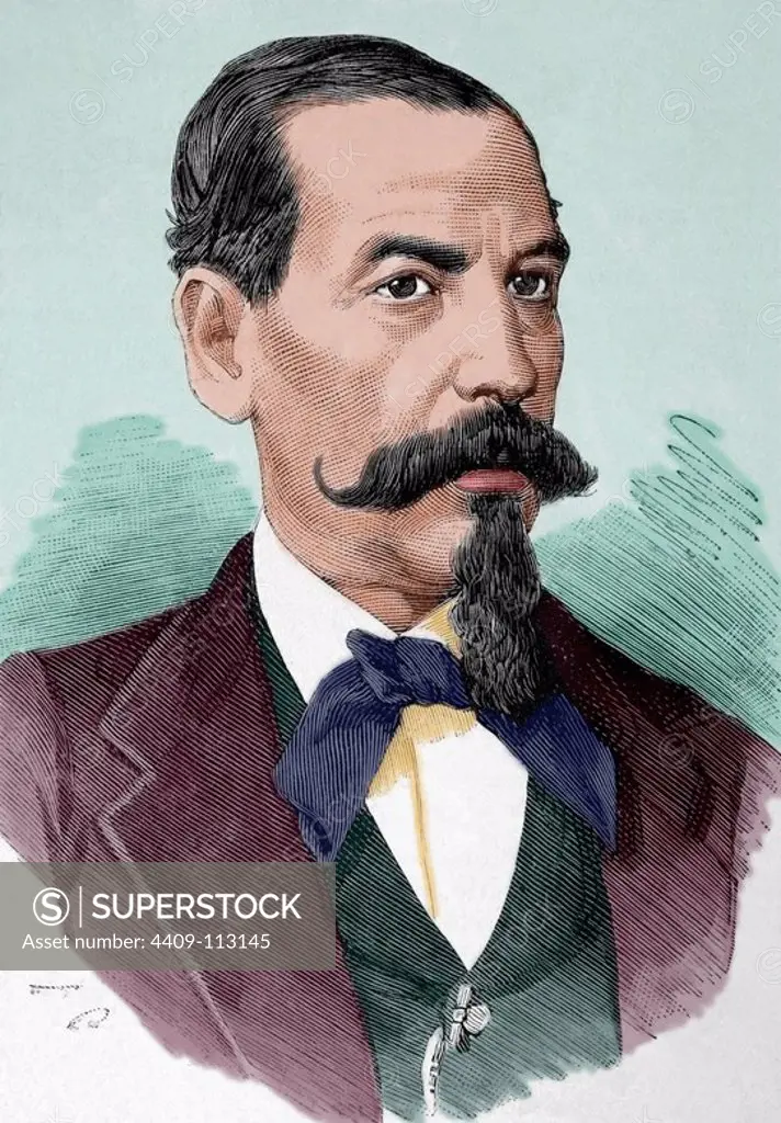 Narciso Campero (1815-1896). President of Bolivia. Engraving by Arturo Carretero. The Spanish and American Illustration, 1879. Colored.