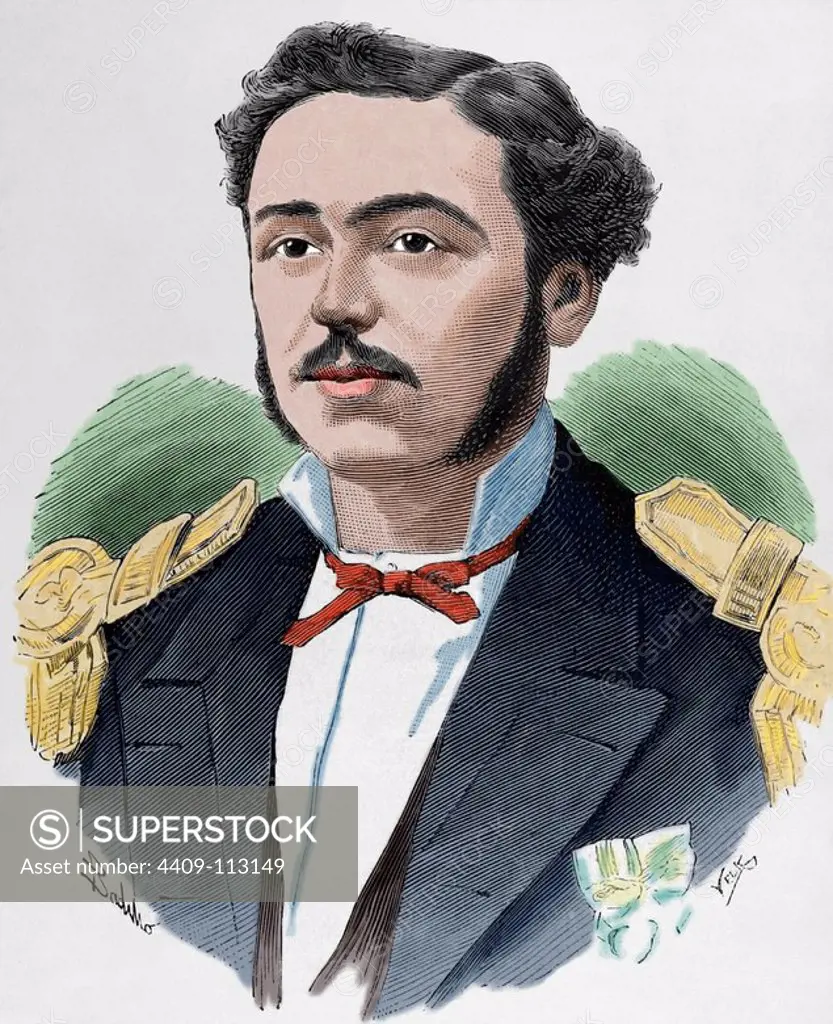 Carlos Condell (1843-1887). Chilean Navy. Engraving by Vela. The Spanish and American Illustration, 1879. Colored.