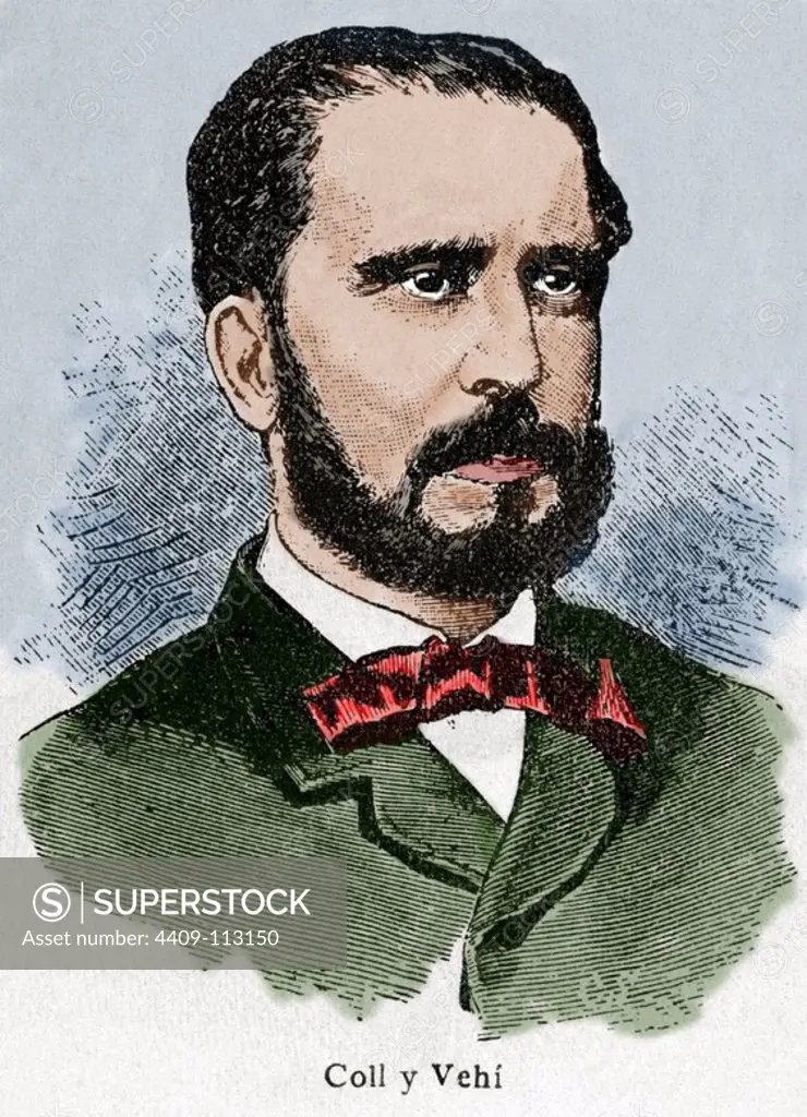 Jose Coll Vehi (1823 -1876). Spanish literary theorist. Engraving in History of Spain, edited by Blas Cami, 1910. Colored.