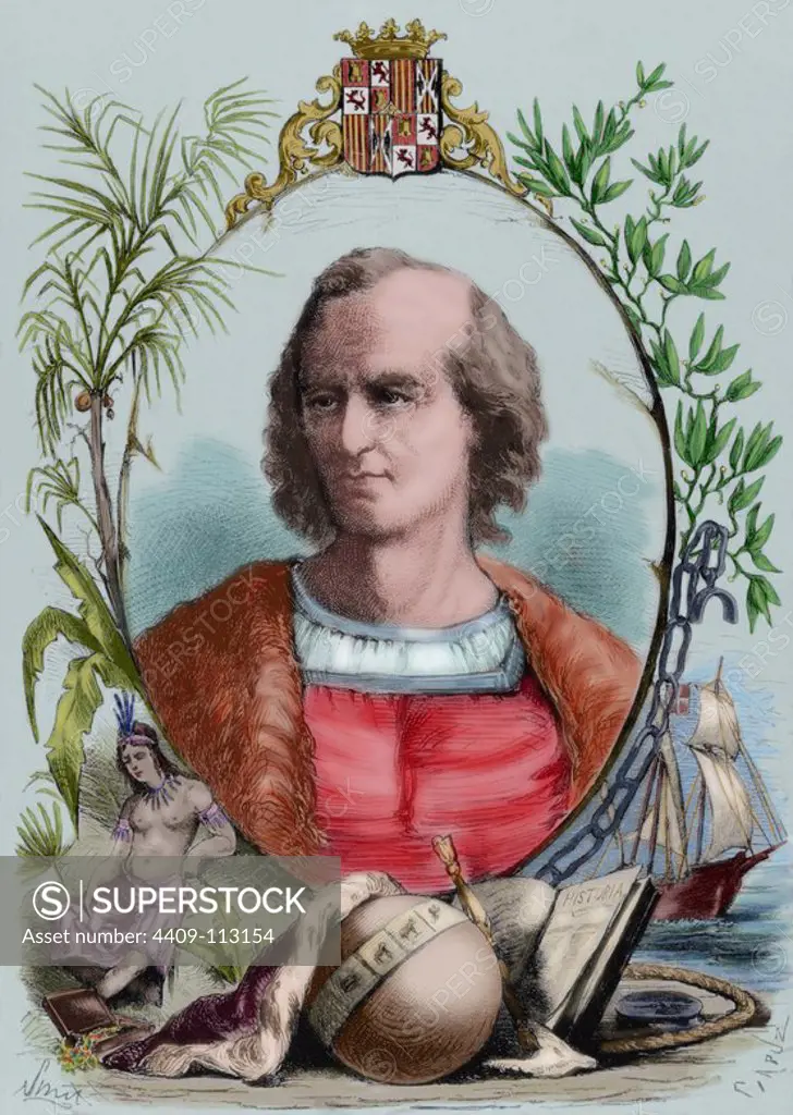 Christopher Columbus (1451-1506). Genoese navigator. Engraving by Capuz (1834-1899). The Spanish and American Illustration, 1870. Colored.