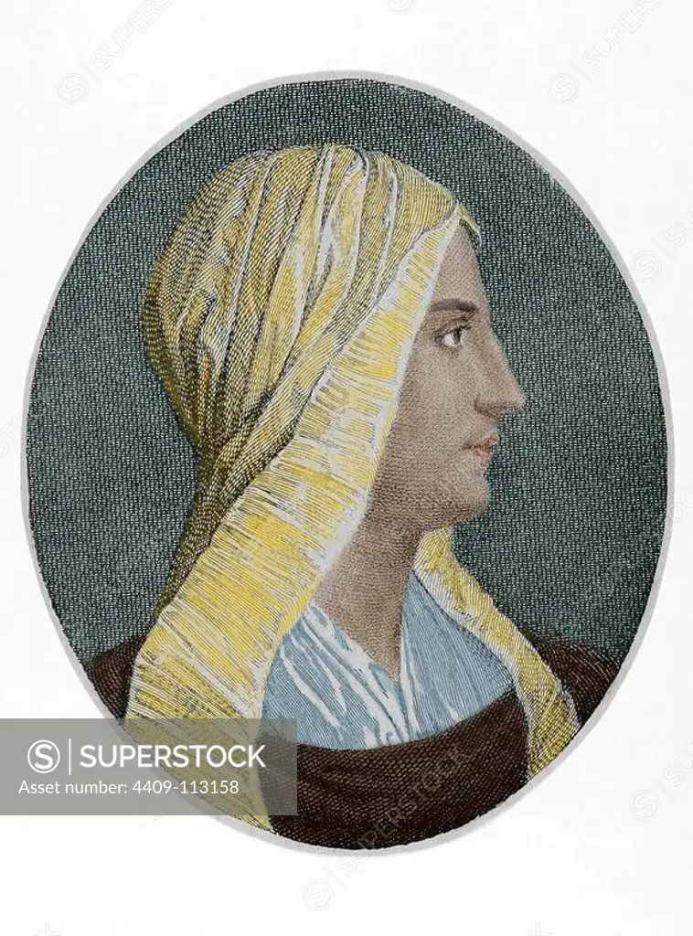 Vittoria Colonna (1490-1547). Marchioness of Pescara. Italian Renaissance poet. Engraving in The Iberian Illustration, 1885. Colored.
