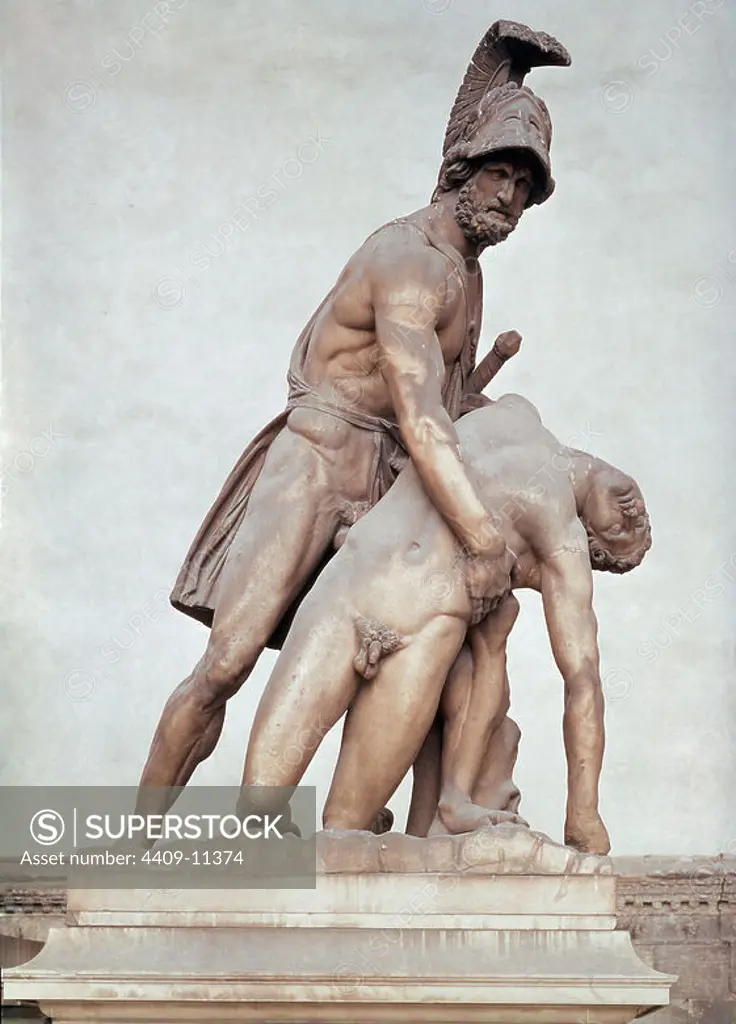 Greek art. Statue of Menelas holding Patroclus.. 4th century B.C. Florence, Piazza della Signora. Location: LOGIA LANZI / PORTICO SEÑORIA. Florenz. ITALIA. PATROKLOS. Menelao. AYAX (AJAX). AJAX (AYAX).