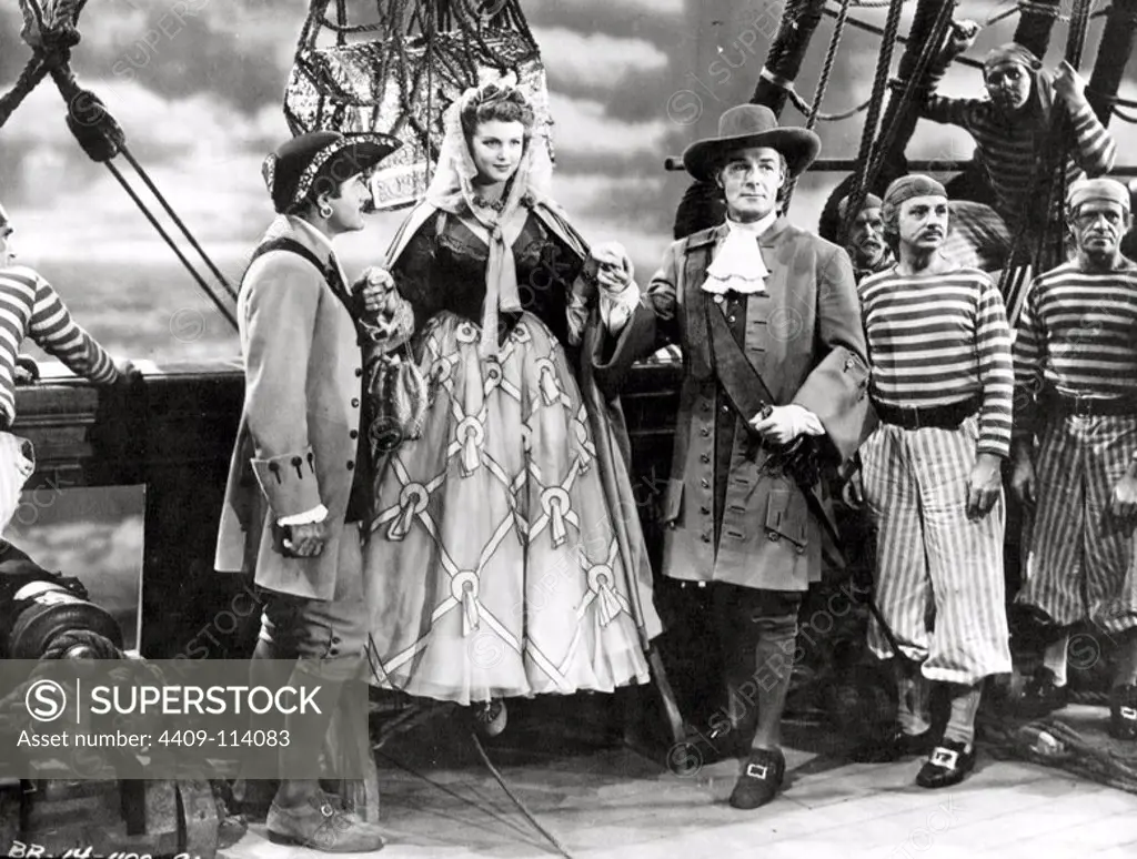 JOHN QUALEN, GILBERT ROLAND, RANDOLPH SCOTT and BARBARA BRITTON in CAPTAIN KIDD (1945), directed by ROWLAND V. LEE.