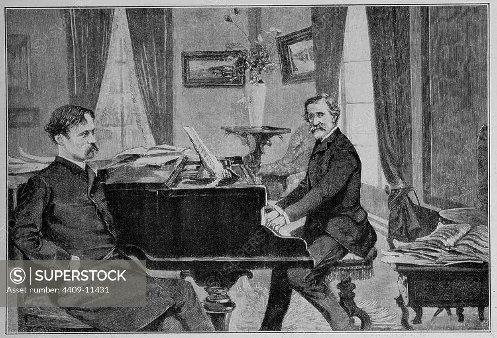 VERDI TOCANDO EL PIANO JUNTO AL LIBRETISTA ARRIGO BOITO - GACETA ILUSTRADA ALEMANA - SEPTIEMBRE DE 1913.