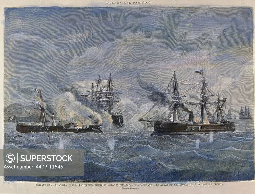 Naval Combat beween the Peruvian Ship 'Huascar' against the Chilean 'Blanco Encalada' and the 'Cochrane' in 1879 - 19th century. Author: RAFAEL MONLEON.