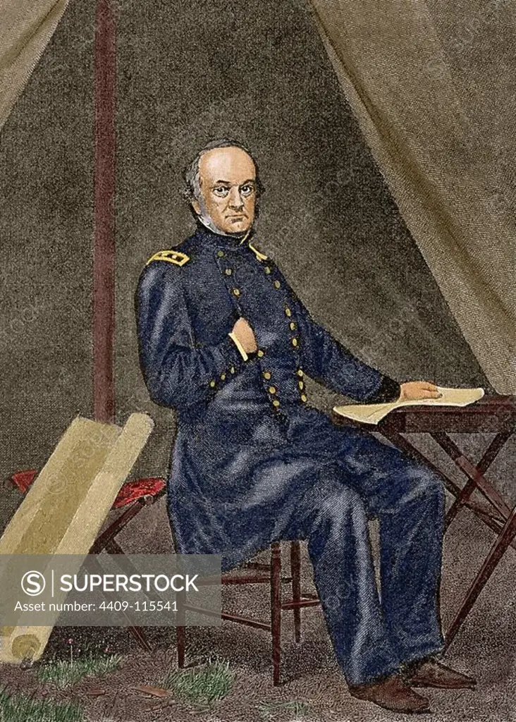 Henry Wager Halleck (1815 A_i_ 1872). Was a United States Army officer, scholar, and lawyer. Engraving. Union officer during American Civil War. From painting by Alonzo Chappel. "Universal History". 1892. Colored.