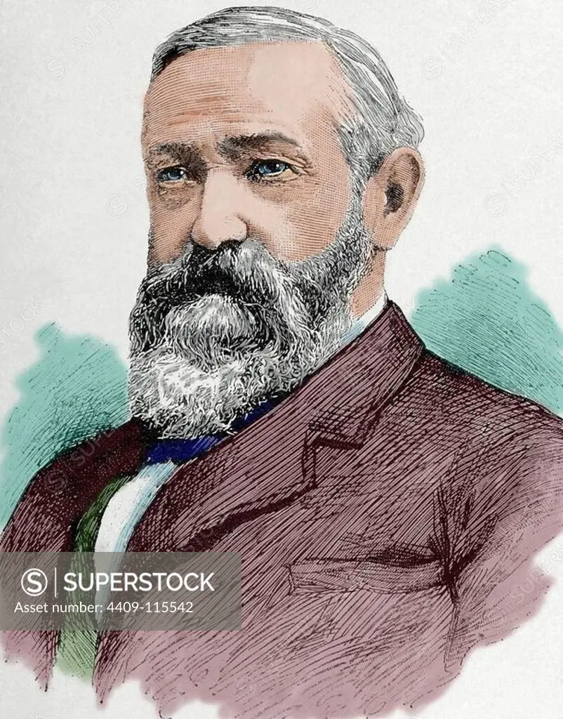Benjamin Harrison (1833 A_i_ 1901). Was the 23rd President of the United States (1889A_i_1893). During the American Civil War, he served the Union. Political party: Republican. Engraving. "The artistic illustration". 1885. Colored.