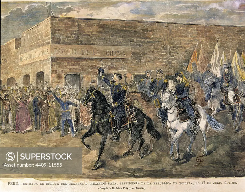 General Hilarion Daza entering the city of Iquique in Chile, 1879. War of the Pacific. Author: Meléndez.