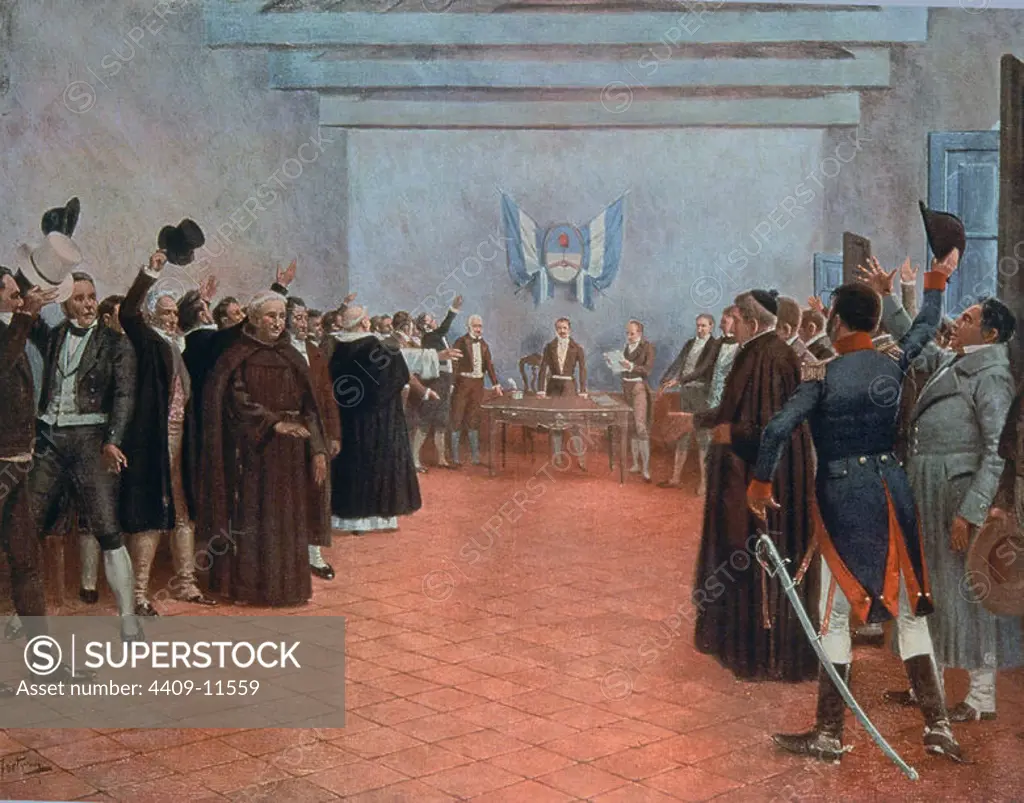 The Congress of Tucuman - Declaration of the Independence of the United Provinces of Rio and the Plata on 9th July 1816 - 19th century - colour lithograph. Author: FORTUNY FRANCISCO.