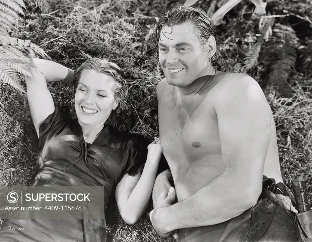 JOHNNY WEISSMULLER and BRENDA JOYCE in TARZAN AND THE AMAZONS (1945), directed by KURT NEUMANN.