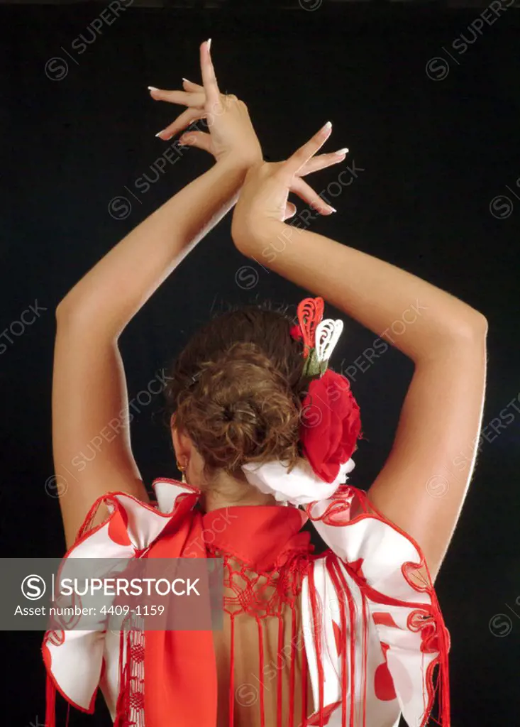 Hands in motion of a flamenco dancer seen from behind.