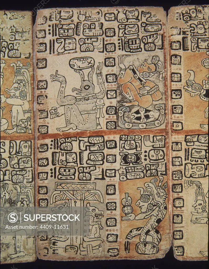 Facsimile. Page of the Tro-Cortesianus Codex. Mayan Culture. Men and Gods. 13th-15th centuries. Madrid, Museum of America. Location: MUSEO DE AMERICA-COLECCION. MADRID. SPAIN.