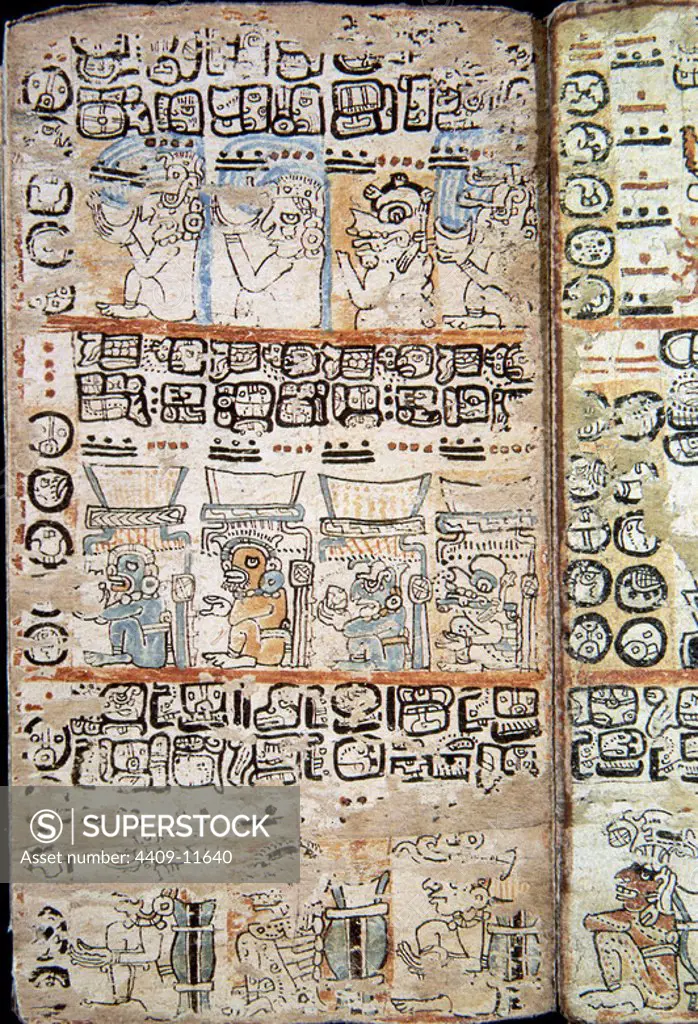 Page of the Tro-Cortesianus Codex. Facsimile. Page of the Tro-Cortesianus Codex. Mayan Culture. Gods and Men. 13th-15th centuries. Location: MUSEO DE AMERICA-COLECCION. MADRID. SPAIN.