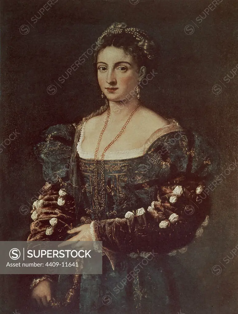 Portrait of a Woman, called La Bella - 16th century - oil on canvas - Italian School. Author: TIZIANO VECELLIO DE GREGORIO-TICIANO-. Location: GALERIA DE LOS UFFIZI. Florenz. ITALIA. GONZAGA FAMILIA. ISABEL DE ESTE Y ARAGON-DUQUESA DE MANTUA. FRANCISCO II GONZAGA MARQUES DE MANTUA (ESPOSA).